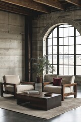 Generative AI, Industrial-modern living room with arched windows and natural accents