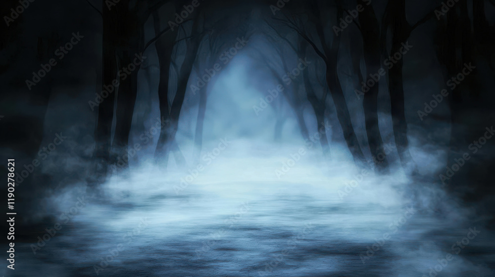Poster mysterious fog rolling through dark trees in an enigmatic forest landscape