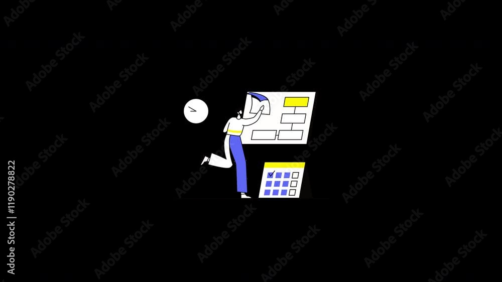 Poster a european character working on a project with a clock and calendar, symbolizing productivity.