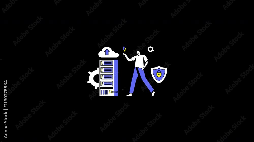 Poster a person managing cloud data storage with a shield indicating security, representing technology and 