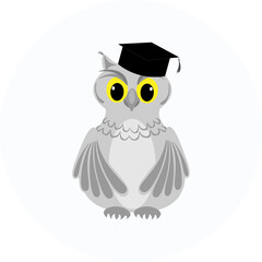 A gray owl student in a black graduate hat. A wise, educated owl
