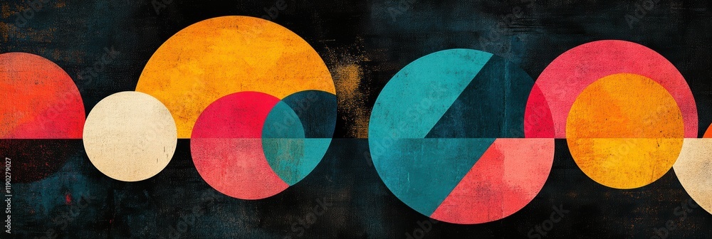 Poster an abstract mix of circular and triangular shapes, vibrant color contrast