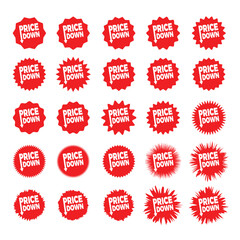 Price down sticker label set red sunburst badge design elements icon sale special offer tag promotional shopping red stickers. Flat vector illustration fully editable and saved in EPS 10