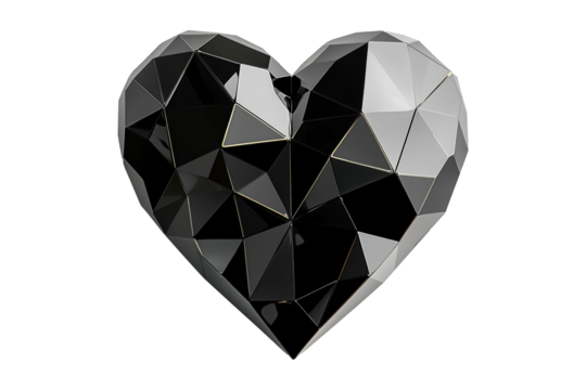 Geometric black heart with gold accents, angular patterns and smooth finish isolated on white transparent background. Concept of modern design and love