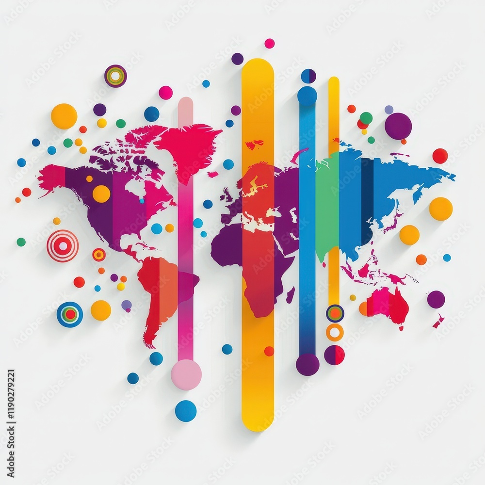 Poster a colorful map with symbols representing equality and fairness worldwide.