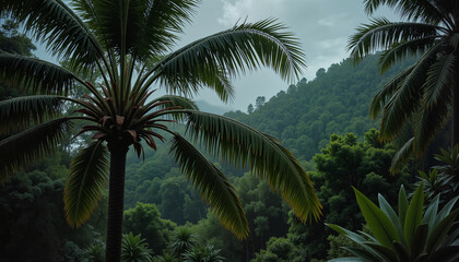 Fototapeta premium Lush tropical forest with palm trees and misty mountains in the background
