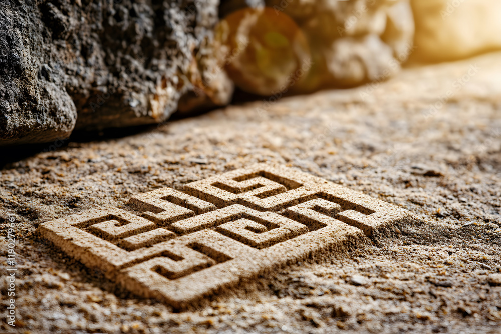 Poster a carved stone tile featuring an intricate geometric pattern, set against a natural stone background