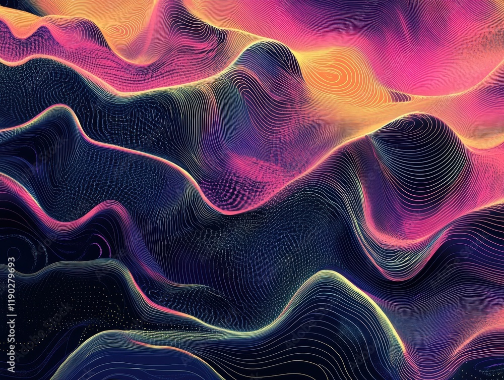 Poster intricate abstract patterns with thin lines and bold colors, futuristic feel