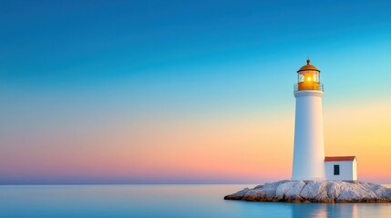 [Lighthouse at Sunset Near Waters Edge] Lighthouse Reflecting Calm Ocean During Warm Sunset Colors