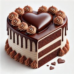 chocolates heart-shaped sliced cake with decorations on top, a sweet and delicious dessert, perfect for a valentine party on white background