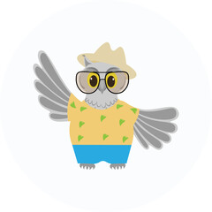 Cute owl in shorts and shirt, hat, glasses on summer vacation