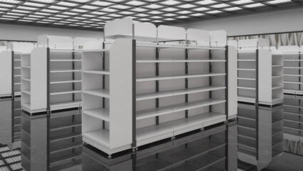 Store interior mockup with rows of shopping gondolas with empty shelves and rounded toppers. 3d illustration