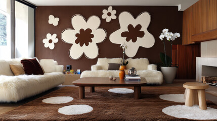 Modern Living Room with Floral Wall Art: A stylish and contemporary living room features a dramatic brown wall adorned with large, stylized off-white floral wall art.