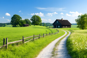 Obraz premium A picturesque rural scene featuring a charming farmhouse, lush green fields, and a winding path under a bright blue sky
