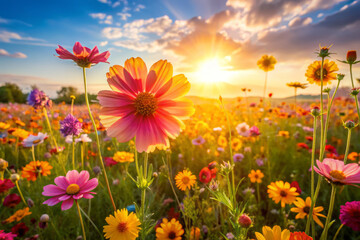 Fototapeta premium vibrant meadow filled with colorful wildflowers at sunset