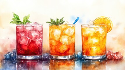 Fototapeta premium A watercolor illustration depicts bar time with glasses and a colorful arrow, symbolizing the enjoyment of drinks