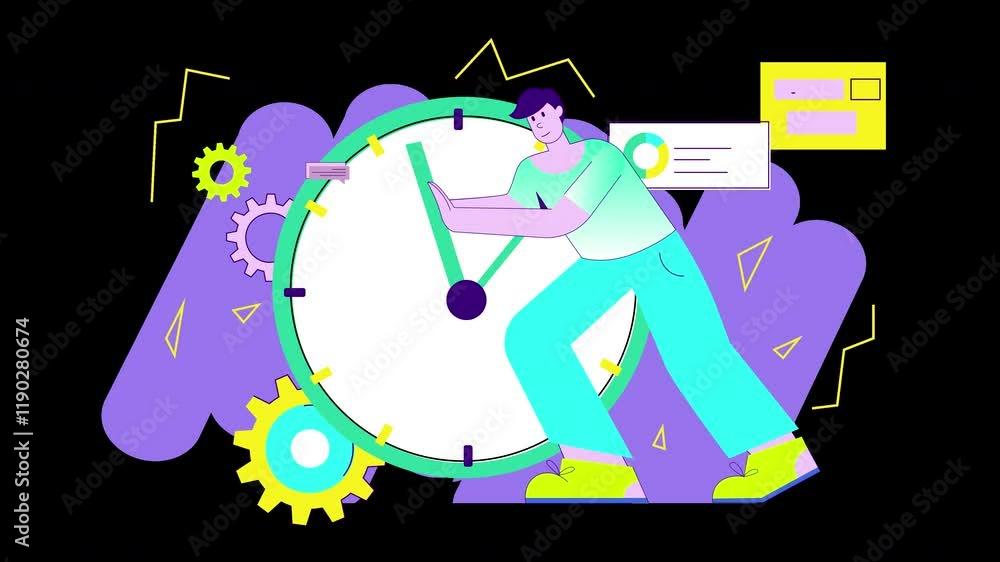 Poster a cartoon showing a person engaging with a clock, representing time management in a colorful, modern