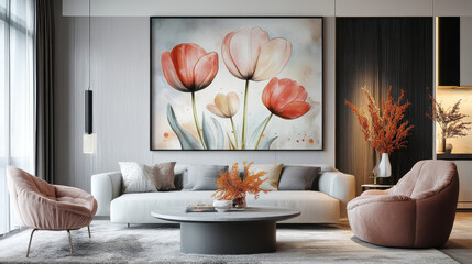 Tulip Canvas in Modern Living Room: A large, vibrant canvas featuring a cluster of pink and white tulips takes center stage in a stylish modern living room.