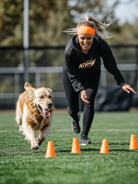 A person guides a dog through an obstacle course marked by orange cones.