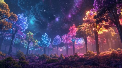 Fantasy Forest at Night with Glowing Rainbow Trees and Starry Sky