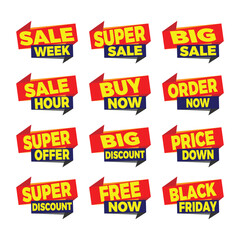 Sale tags collection. Black Friday week, big , super discount, order now, , price down, free banner set. Sticker, badge, coupon, store. Vector Illustration combo. Saved in EPS 10 and fully editable