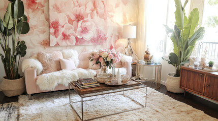 Bohemian Chic Living Room: A living room designed with a Bohemian aesthetic featuring a large floral print artwork, a plush pink sofa,  a statement coffee table with a fluffy rug.