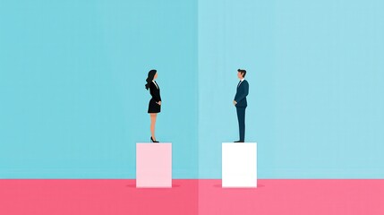 Obraz premium A man and a woman standing on equal podiums, representing gender equality in leadership.