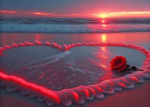 Fototapeta Beach sunset, heart-shaped sea foam, single red rose, golden sky, gentle waves, sandy shore, romantic wallpaper