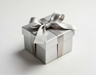 Obraz premium Elegant Silver Gift Box with Satin Ribbon Bow: Perfect for Anniversary, Birthday, or Wedding Present