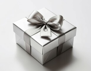 Elegant Silver Gift Box with Satin Ribbon Bow: Close-Up Studio Shot
