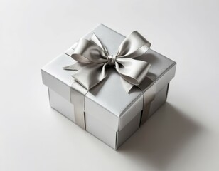 Obraz premium Elegant Silver Gift Box with Satin Ribbon Bow: Perfect for Anniversary, Birthday, or Wedding
