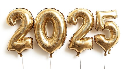 Balloons Shaped Gold "2025" Text, Isolated PNG for Post-Production and Graphic Design