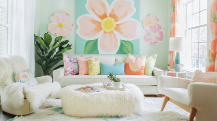 Floral Living Room: A vibrant, airy living room with oversized floral art, bright accent pillows, and a lush plant, showcasing a modern take on eclectic decor.  