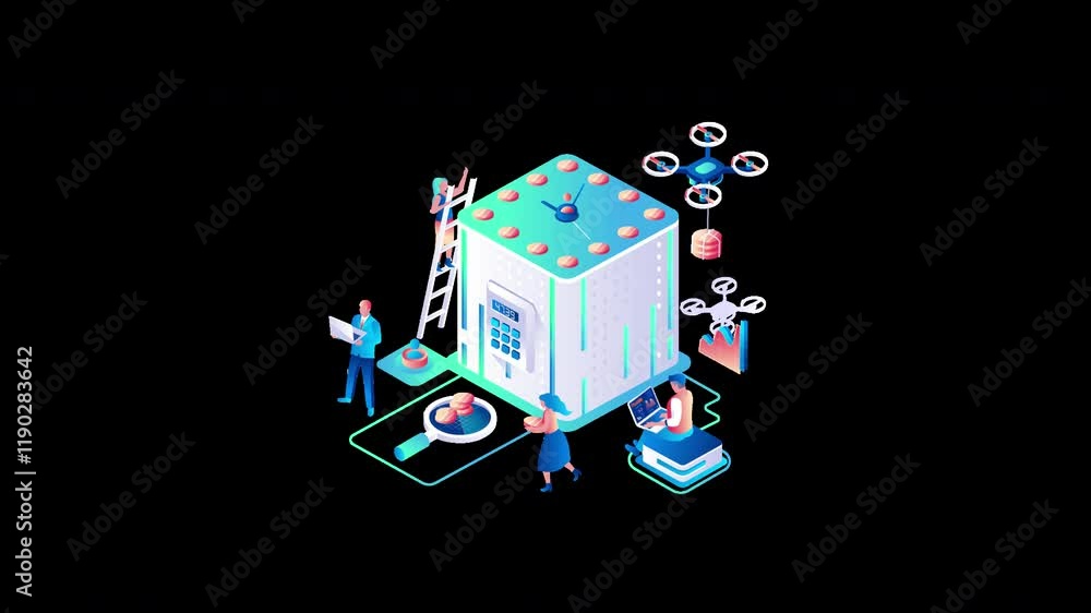 Poster a colorful 2d animation illustrating technology interaction with a futuristic cube, featuring divers