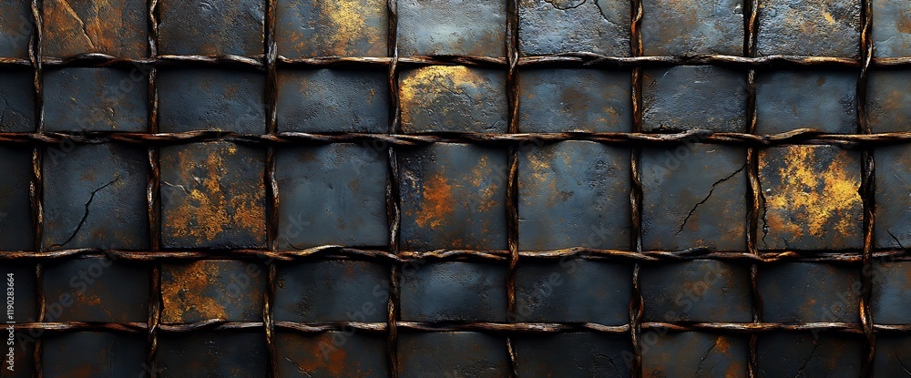 Poster dark stone squares grid pattern texture background with rusty wire.