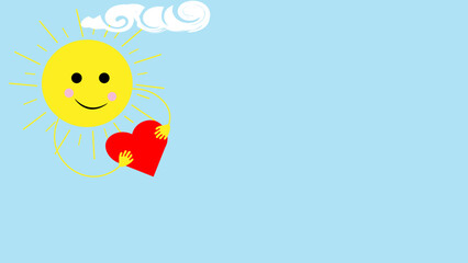 Yellow round sun disk with painted rays and hands holding a red heart on a blue background vector illustration with a place for text.