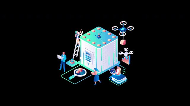 A colorful 2D animation illustrating technology interaction with a futuristic cube, featuring diverse characters engaged in various tasks.