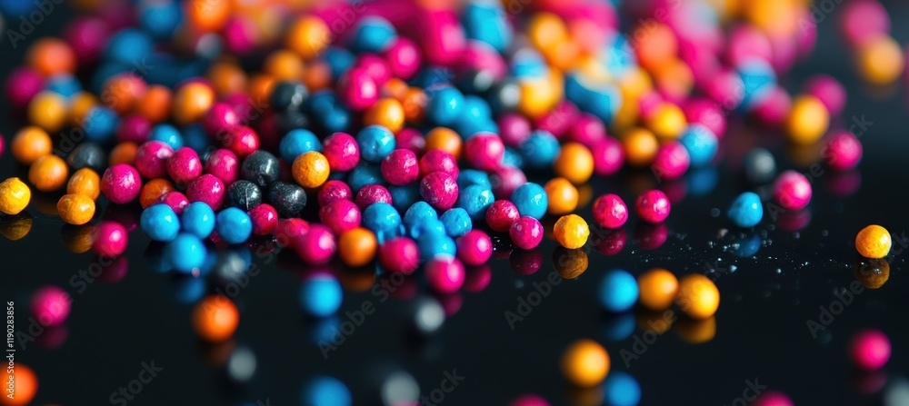 Poster vibrant array of colorful paintball pellets on reflective surface for artistic design