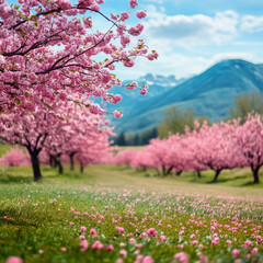 Beautiful spring landscape with vibrant pink cherry blossoms in full bloom, set against a serene mountain backdrop under a bright blue sky.