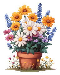 [Digital bouquet with daisies and wildflowers in terracotta pot] Vibrant Floral Bouquet in Terra Cotta Pot with Vector Art Watermark Spring Nature Illustration Peaceful Scene