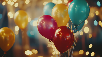 Bokeh photography effects combined with colorful balloons, creating a vibrant, joyful birthday celebration atmosphere that highlights fun, creativity, and festive spirit in a lively setting. 