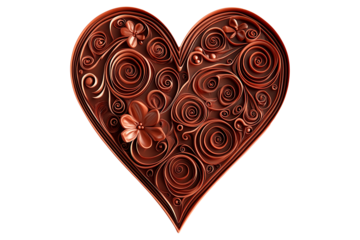 Red heart with detailed swirling patterns, crafted in an intricate style, isolated on white transparent background, symbolizing love on Valentine Day