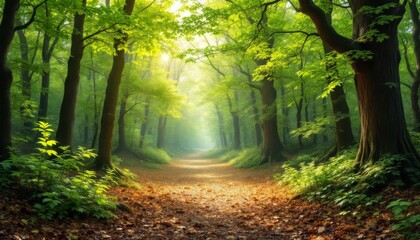 Obraz premium Sunlit Path Through Lush Spring Forest