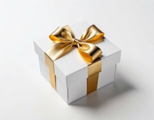 Fototapeta premium Elegant White Gift Box with Gold Ribbon Bow: Premium Packaging Mockup