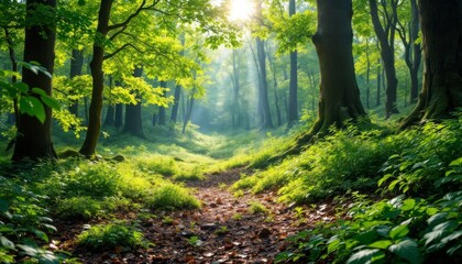 Fototapeta premium Sunlight streams through a vibrant forest path.