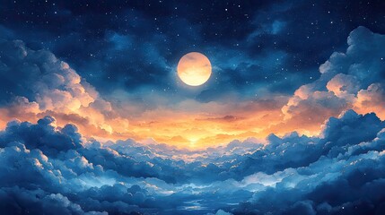 A watercolor painting captures the serene beauty of a night sky filled with clouds and twinkling stars