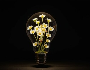 Enchanted Light Bulb with Delicate White Flowers Inside, Dark Background