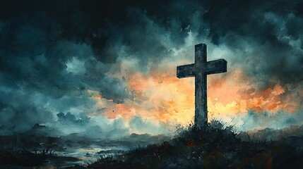 Fototapeta premium A watercolor painting depicts a cross against a stormy, dark sky