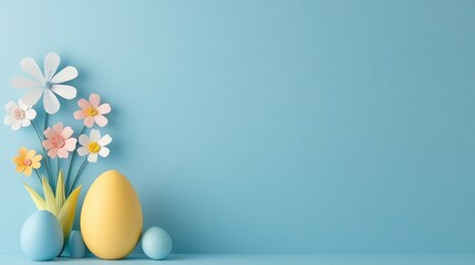 Fototapeta premium Colorful Easter Egg with Paper Flowers on Blue Background Banner