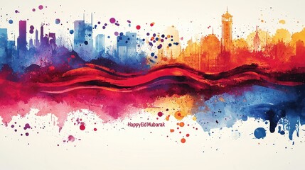 Fototapeta premium Vibrant Watercolor Cityscape: A Dynamic Blend of Cool and Warm Colors